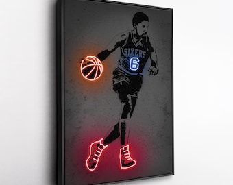 Julius Erving Canvas Art – Philadelphia 76ers Neon Style Print, NBA Wall Decor, Man Cave, Basketball Fan Gift, Sports Room