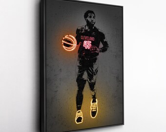 Toile d'art néon Donovan Mitchell – Décoration murale Cleveland Cavaliers, impression NBA, homme des cavernes, cadeau pour fan de basket-ball, salle de sport