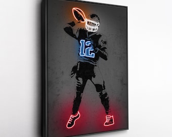 Tom Brady Canvas Art – New England Patriots Neon Style Print, NFL Wall Decor for Man Cave, Football Fan Gift, Sports Room