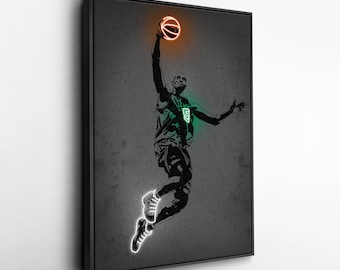 Toile d'art Kevin Garnett - Impression style néon des Boston Celtics, décoration murale NBA, homme des cavernes, cadeau pour fan de basket-ball, salle de sport