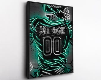 New York Jets NFL Custom Jersey Wall Art – Personalized Name & Number Neon Canvas Print, Framed Poster, Sports Fan Gift