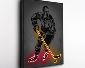 Toile d'art Bobby Hull - Impression style néon des Blackhawks de Chicago, décoration murale LNH pour homme des cavernes, cadeau pour fan de hockey, salle de sport