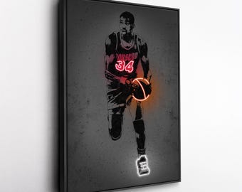 Toile d'art Hakeem Olajuwon - Impression style néon des Houston Rockets, décoration murale NBA, homme des cavernes, cadeau pour fan de basket-ball, salle de sport