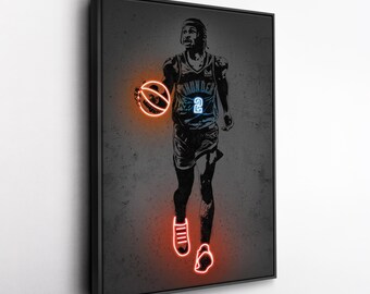 Shai Gilgeous-Alexander Canvas Art – Oklahoma City Thunder Neon Style Print, NBA Wall Decor, Man Cave, Basketball Fan Gift, Sports Room