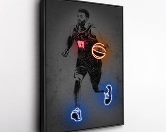 Toile d'art Jamal Murray - Impression style néon Denver Nuggets, décoration murale NBA, homme des cavernes, cadeau pour fan de basket-ball, salle de sport