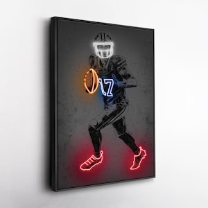 Josh Allen Canvas Art – Buffalo Bills Neon Style Print, NFL Wall Decor for Man Cave, Football Fan Gift, Sports Room