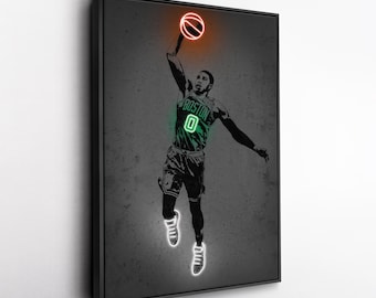 Jayson Tatum Canvas Art – Boston Celtics Neon Style Print, NBA Wall Decor, Man Cave, Basketball Fan Gift, Sports Room