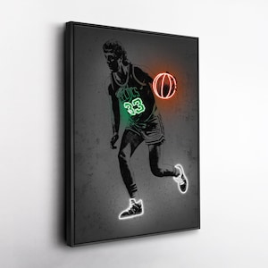 Larry Bird Canvas Art – Boston Celtics Neon Style Print, NBA Wall Decor, Man Cave, Basketball Fan Gift, Sports Room