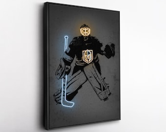 Toile d'art Marc-André Fleury - Impression style néon des Golden Knights de Vegas, décoration murale LNH pour homme des cavernes, cadeau pour fan de hockey, salle de sport