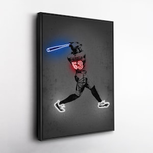 May include: A framed artwork featuring a baseball player mid-swing. The player is depicted in silhouette with neon blue and red accents highlighting the bat and jersey number 53. The background is a textured gray.