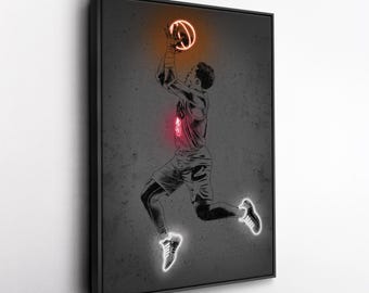 Toile d'art Donovan Mitchell - Impression style néon Cleveland Cavaliers, décoration murale NBA, homme des cavernes, cadeau pour fan de basket-ball, salle de sport