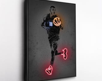 Art sur toile de Nikola Jokic - Impression style néon Denver Nuggets, décoration murale NBA, homme des cavernes, cadeau pour fan de basket-ball, salle de sport