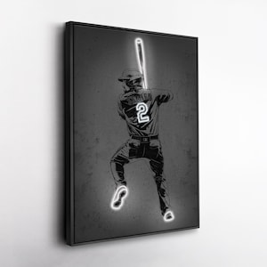 May include: Monochrome artwork of a baseball player in action, swinging a bat. The player is wearing a jersey with the name "SEMIEN" and the number "2" on the back. The image has a neon-like glow effect, highlighting the player's outline and the bat.