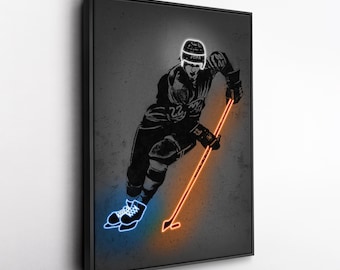 Mike Bossy Canvas Art – New York Islanders Neon Style Print, NHL Wall Decor for Man Cave, Hockey Fan Gift, Sports Room