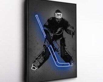 Andrei Vasilevskiy Canvas Art – Tampa Bay Lightning Neon Style Print, NHL Wall Decor for Man Cave, Hockey Fan Gift, Sports Room