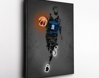 Toile d'art néon Kyrie Irving – Décoration murale Dallas Mavericks, impression NBA, homme des cavernes, cadeau pour fan de basket-ball, salle de sport