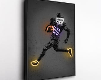 Justin Jefferson Canvas Art – Minnesota Vikings Neon Style Print, NFL Wall Decor for Man Cave, Football Fan Gift, Sports Room