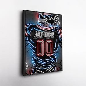 Buffalo Bills NFL Custom Jersey Wall Art – Personalized Name & Number Neon Canvas Print, Framed Poster, Sports Fan Gift