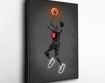 Toile d'art Trae Young - Impression style néon des Atlanta Hawks, décoration murale NBA, homme des cavernes, cadeau pour fan de basket-ball, salle de sport