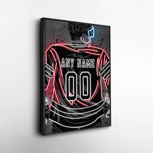 Chicago Blackhawks NHL Custom Jersey Wall Art – Personalized Name & Number Neon Canvas Print, Framed Poster, Sports Fan Gift