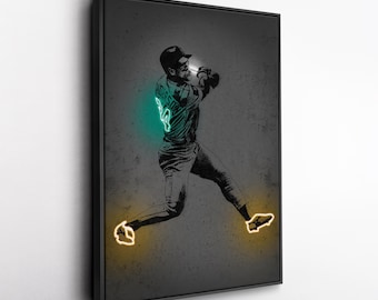 Toile d'art Rickey Henderson - Impression style néon Oakland Athletics, décoration murale MLB pour homme des cavernes, cadeau pour fan de baseball, salle de sport