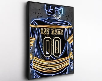 Buffalo Sabres NHL Custom Jersey Wall Art – Personalized Name & Number Neon Canvas Print, Framed Poster, Sports Fan Gift