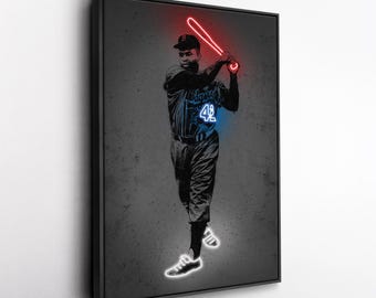 Jackie Robinson Canvas Art – Los Angeles Dodgers Neon Style Print, MLB Wall Decor for Man Cave, Baseball Fan Gift, Sports Room