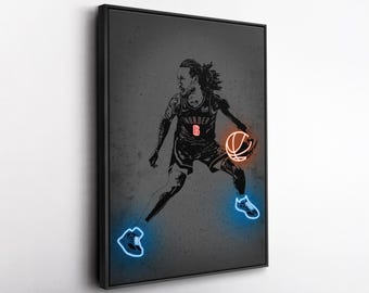 Jaylin Williams Canvas Art – Oklahoma City Thunder Neon Style Print, NBA Wall Decor for Man Cave, Basketball Fan Gift, Sports Room