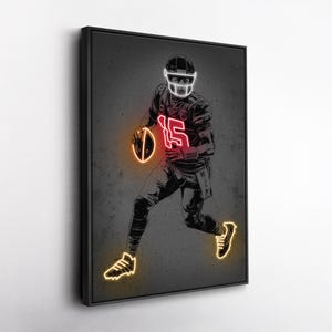 Patrick Mahomes Canvas Art – Kansas City Chiefs Neon Style Print, NFL Wall Decor for Man Cave, Football Fan Gift, Sports Room