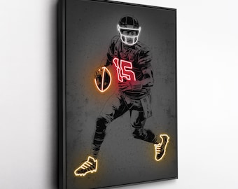 Patrick Mahomes Canvas Art – Kansas City Chiefs Neon Style Print, NFL Wall Decor for Man Cave, Football Fan Gift, Sports Room