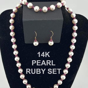 14K Gold FIC Pearl and Ruby Parure Set – Necklace, Bracelet & Earrings Vintage