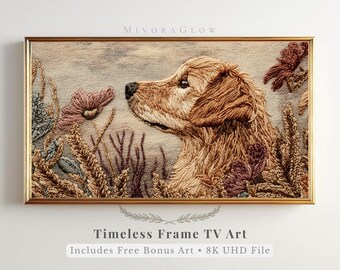 秋の湖の刺繍アート、ヴィンテージ風景フレームテレビアート（デジタル