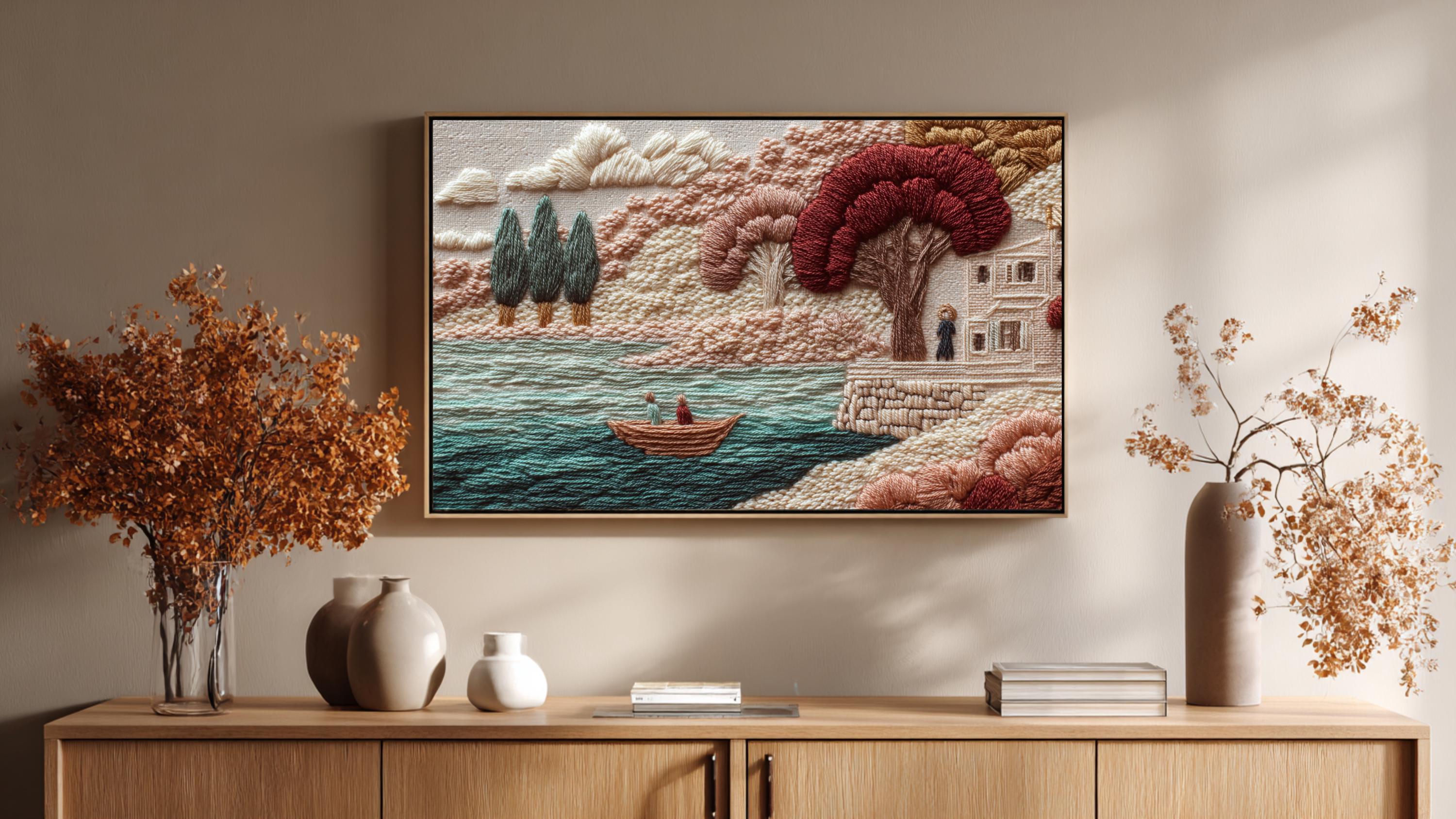 秋の湖の刺繍アート、ヴィンテージ風景フレームテレビアート（デジタル