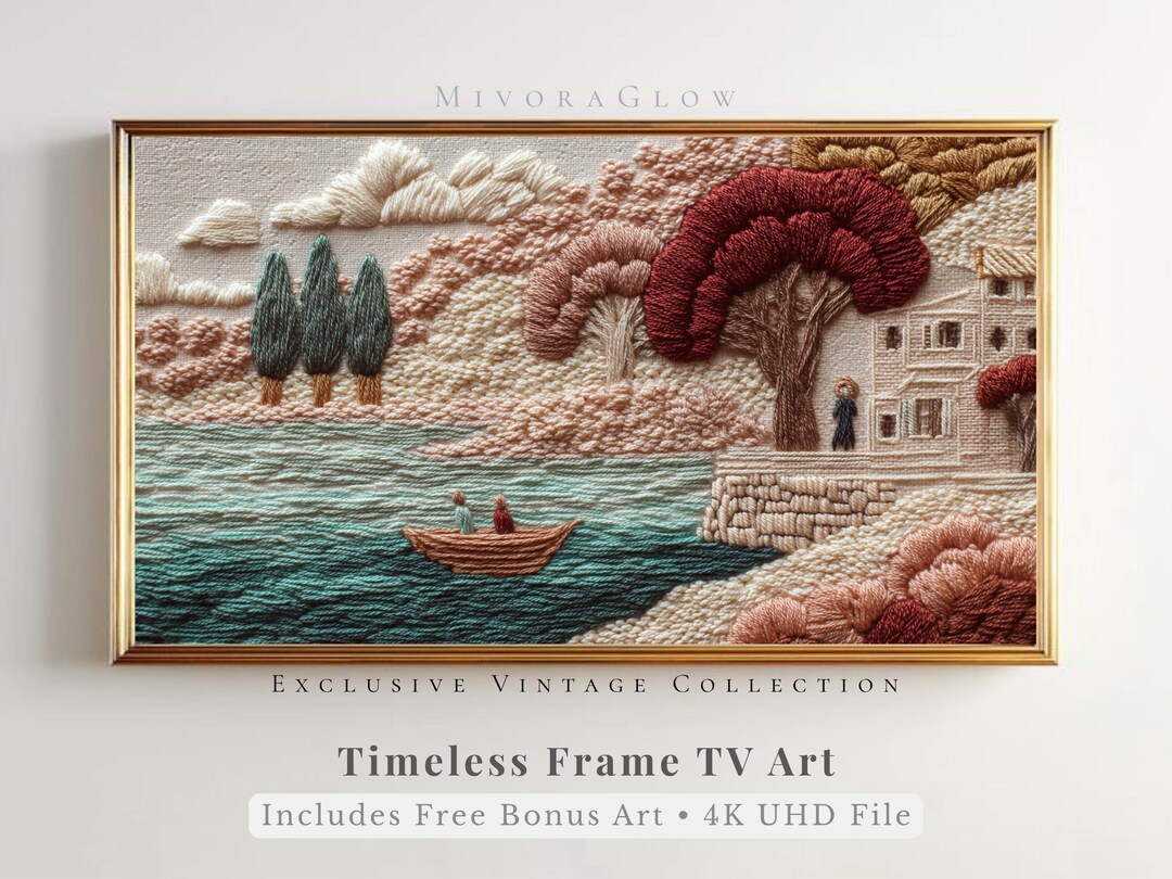 秋の湖の刺繍アート、ヴィンテージ風景フレームテレビアート（デジタル