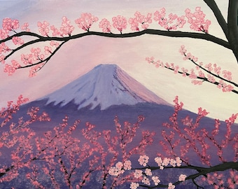 Mount Fuji Cherry Blossom Print: Japan Landscape Art, Acrylic Painting