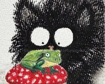 Cat House Capers ™ | Framed Funny Cat Art | Black Cat Painting with Frog and Red Mushroom  | Original 4x6 Pastel Artwork |  Series 1 - Tux