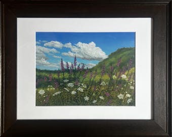 Loosestrife and Lace – Original 9x12 Soft Pastel Painting - Wildflower Meadow with Clouds and Hills – Nature Summer Floral Wall Decor