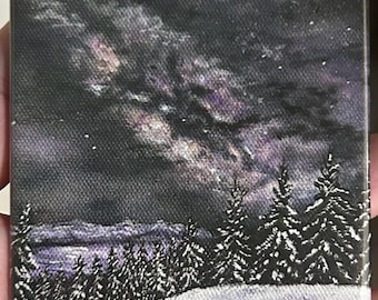 Milky Way Magnet,  3x3 Mini Art, Artist Proof from original Arcylic Art, winter night sky, pine tree landscape