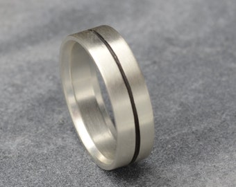 Mens Modern Comfort Fit Wedding Band with Single Black Grove, Handmade Sterling Silver Rings for Men in Recycled Metal