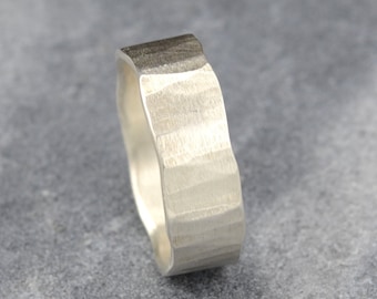 Men's Rustic Hammered Wave Ring, Handmade Sterling Silver Wedding Band for Men in Recycled Silver