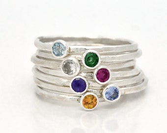 Hammered Sterling Silver Birthstone Stacking Ring, Personalized Jewelry