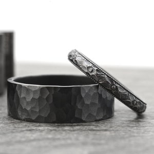His and Hers Sterling Silver Wedding Bands, 7mm Hammered Sterling Silver Ring Band and 3mm Black Diamond Patterned Ring Band image 1