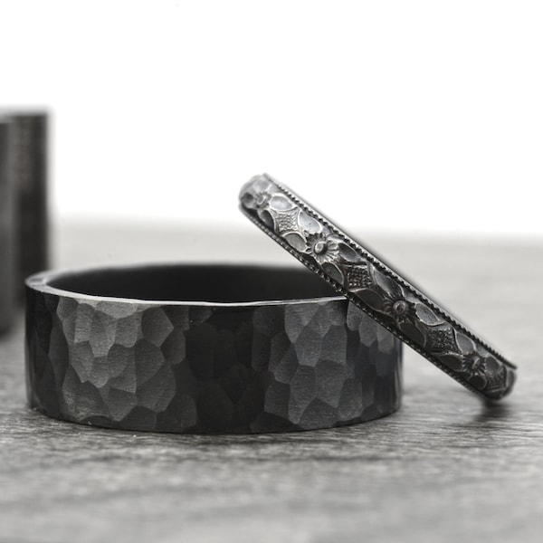 His and Hers Sterling Silver Wedding Bands, 7mm Hammered Sterling Silver Ring Band and 3mm Black Diamond Patterned Ring Band