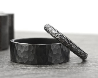 His and Hers Sterling Silver Wedding Bands, 7mm Hammered Sterling Silver Ring Band and 3mm Black Diamond Patterned Ring Band