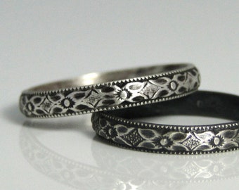 Vintage Inspired Sterling Silver Ring - Diamond Patterned Wedding Band -  Anniversary Ring Stacking Ring - Made in your size
