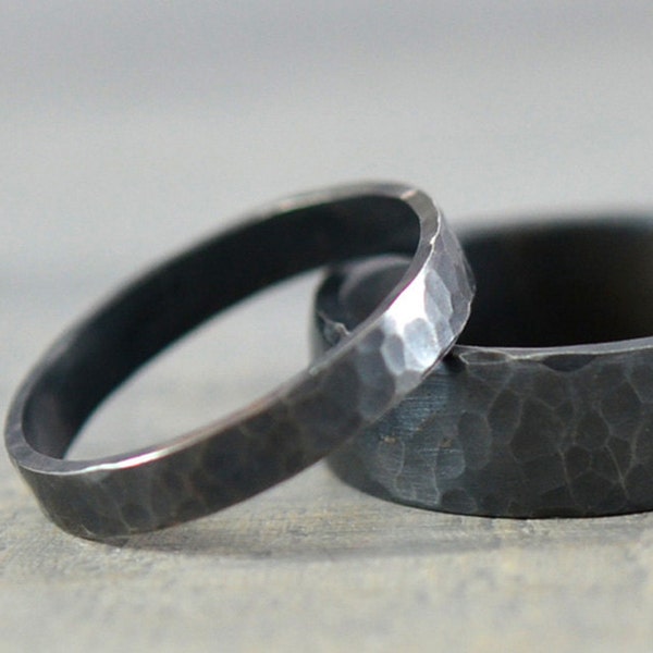 His and Hers Wedding Rings - Black Hammered Sterling Silver Ring Bands - 7mm Men's Wedding Band 3mm Women's Wedding Ring