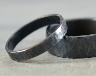 His and Hers Wedding Rings - Couples Wedding Bands, Black Hammered Sterling Silver Ring Bands