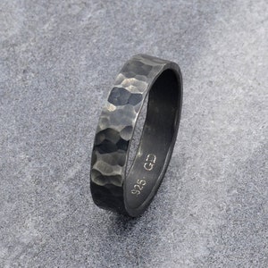 Unique Men's Ring, 5mm Oxidized Sterling Silver Hammered Wedding Band