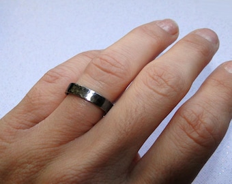 Hammered Silver Ring Band for Men or Women - 4mm Black Sterling Silver Textured and Oxidized Wide Ring Band - Wedding Band Made in your size