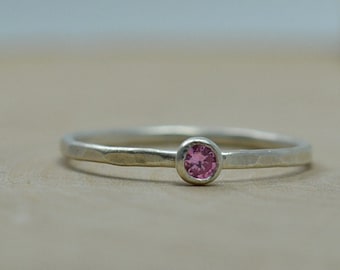 Birthstone Ring in Sterling Silver Stacking Ring - Tiny Stack Gemstone Ring with Hammered Textured Silver Band